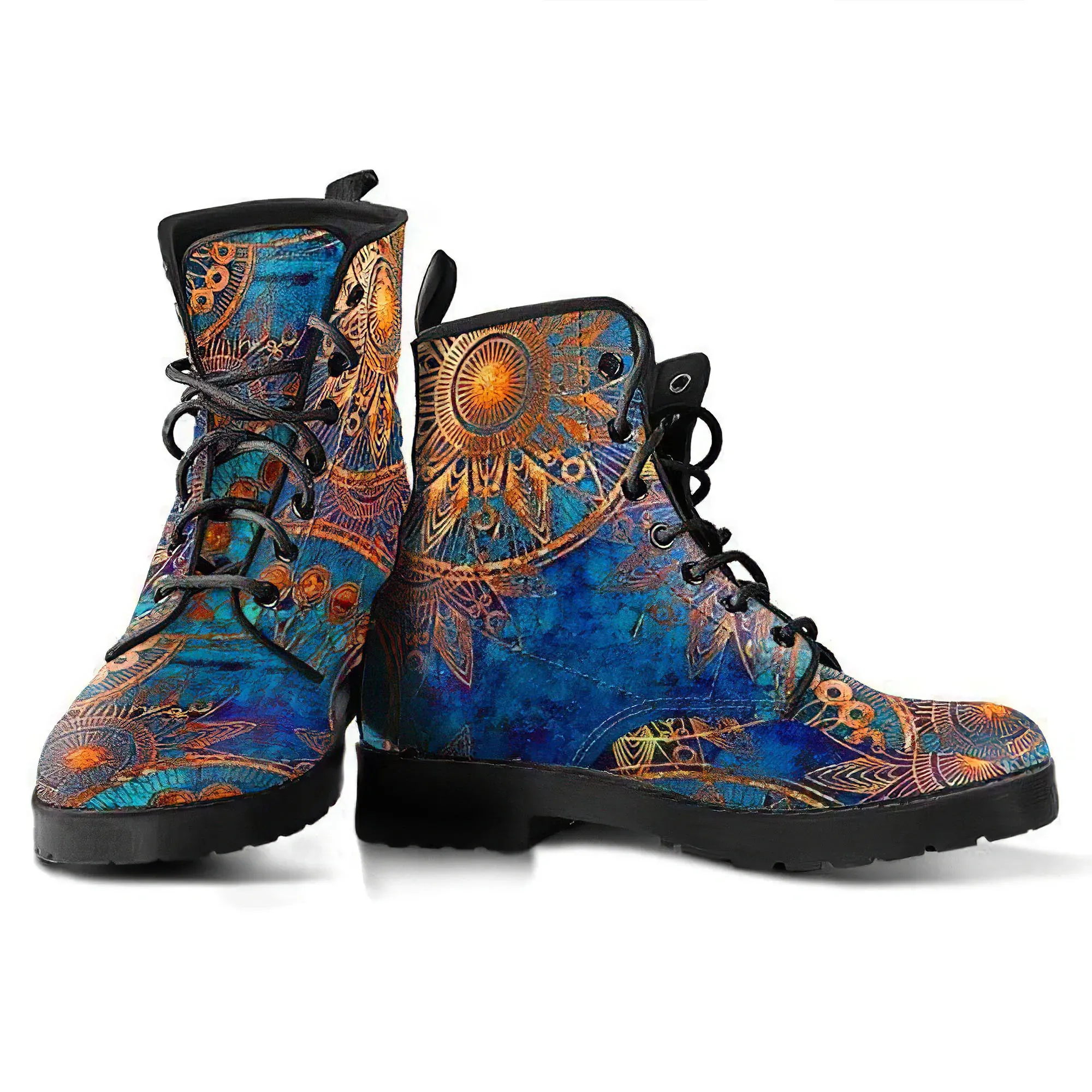 Combat Boots for Women - Blue Gold Boots with Grunge Mandala | Unique Custom Faux Leather Shoes, Cruelty-free Vegan Handmade Lace Up