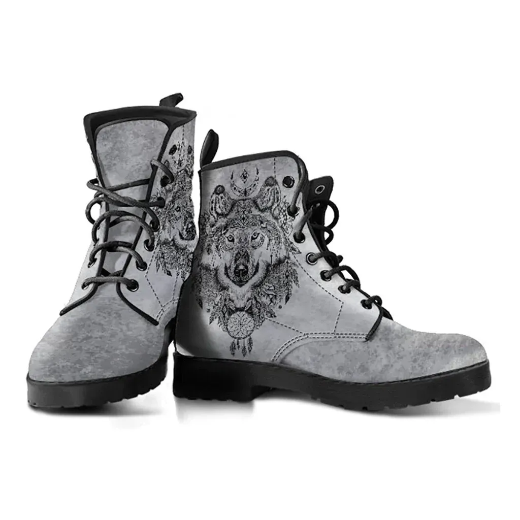 Combat Boots for Women - Boho Wolf 2 Handcrafted Boots | Unique Custom Faux Leather Shoes, Cruelty-free Vegan Handmade Lace Up