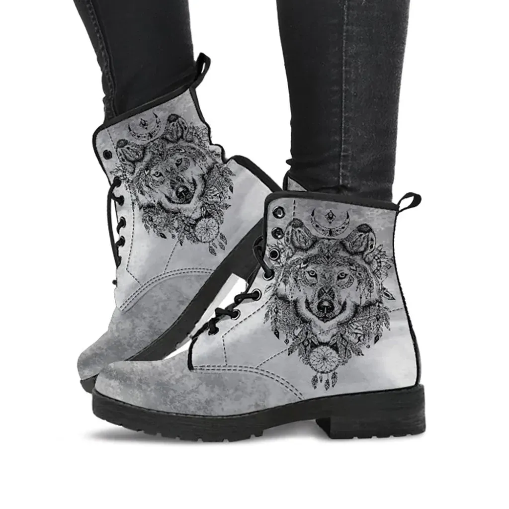 Combat Boots for Women - Boho Wolf 2 Handcrafted Boots | Unique Custom Faux Leather Shoes, Cruelty-free Vegan Handmade Lace Up