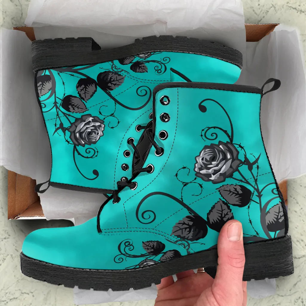 Combat Boots - Gray Roses, Turquoise Color | Unique Custom Faux Leather Shoes, Cruelty-free Vegan Handmade Lace Up Floral Boots, Flowers
