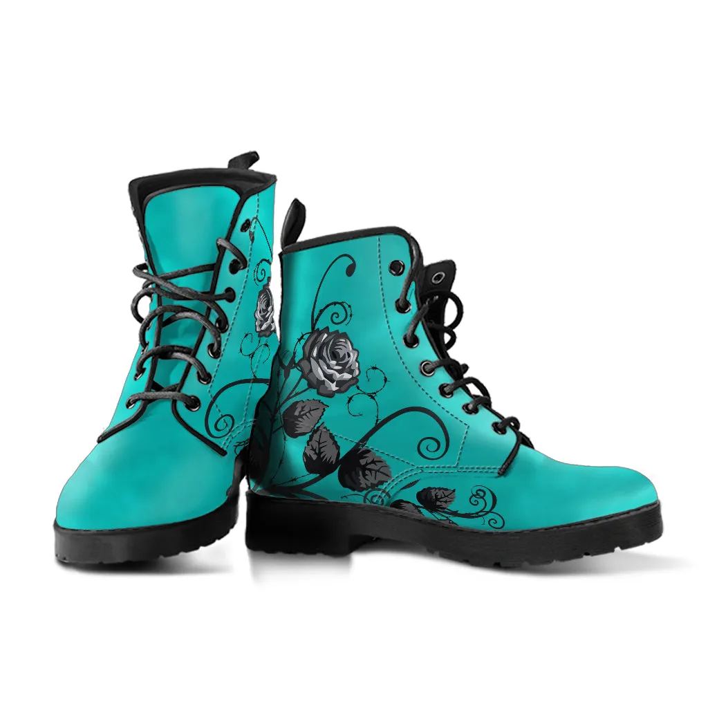 Combat Boots - Gray Roses, Turquoise Color | Unique Custom Faux Leather Shoes, Cruelty-free Vegan Handmade Lace Up Floral Boots, Flowers