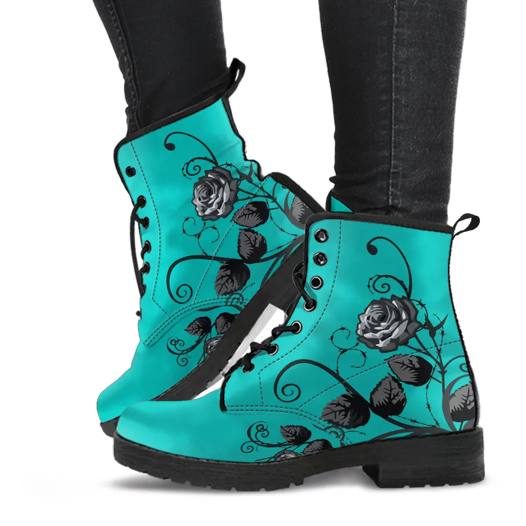 Combat Boots - Gray Roses, Turquoise Color | Unique Custom Faux Leather Shoes, Cruelty-free Vegan Handmade Lace Up Floral Boots, Flowers