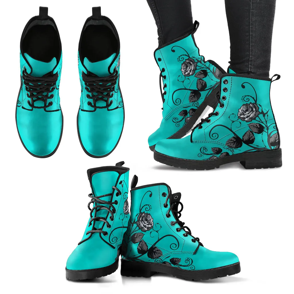 Combat Boots - Gray Roses, Turquoise Color | Unique Custom Faux Leather Shoes, Cruelty-free Vegan Handmade Lace Up Floral Boots, Flowers