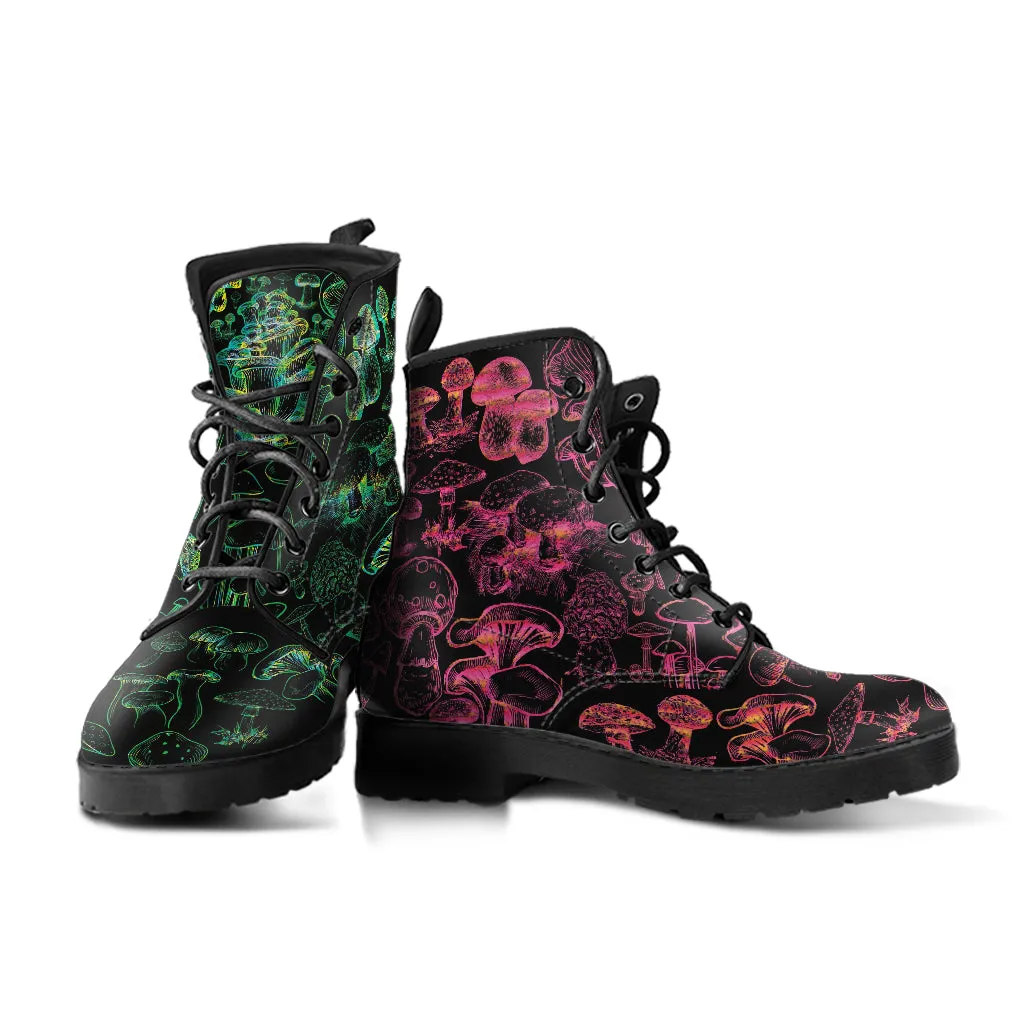 Combat Boots - Mushroom Boots #112 Black | Mushroom Gift, Birthday Gift Idea, Vegan Leather Lace Up Boots, Custom Unisex Adult Shoes
