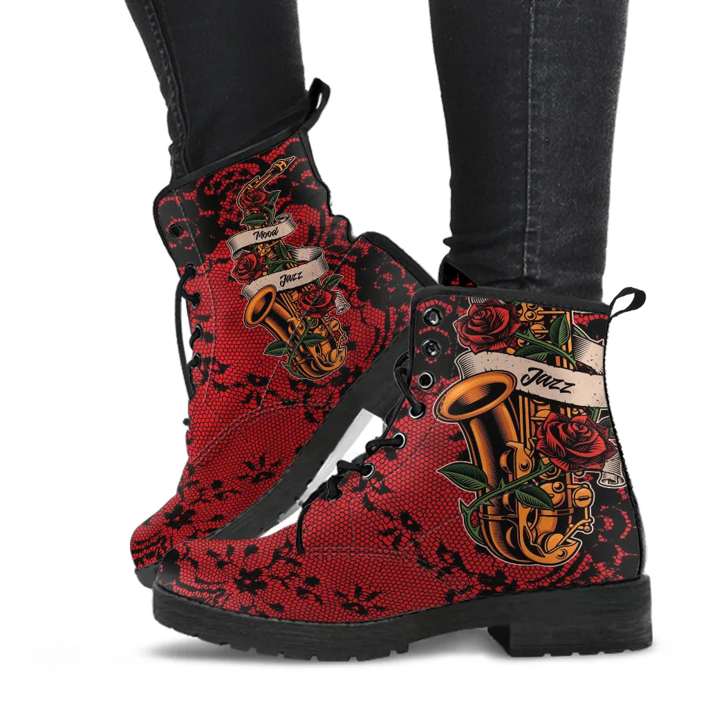 Combat Boots - Saxophone Art #12 Red | Player Mood Jazz Lovers, Custom Unisex Adult Shoes, Vegan Leather Handmade Lace Up, Music Gift