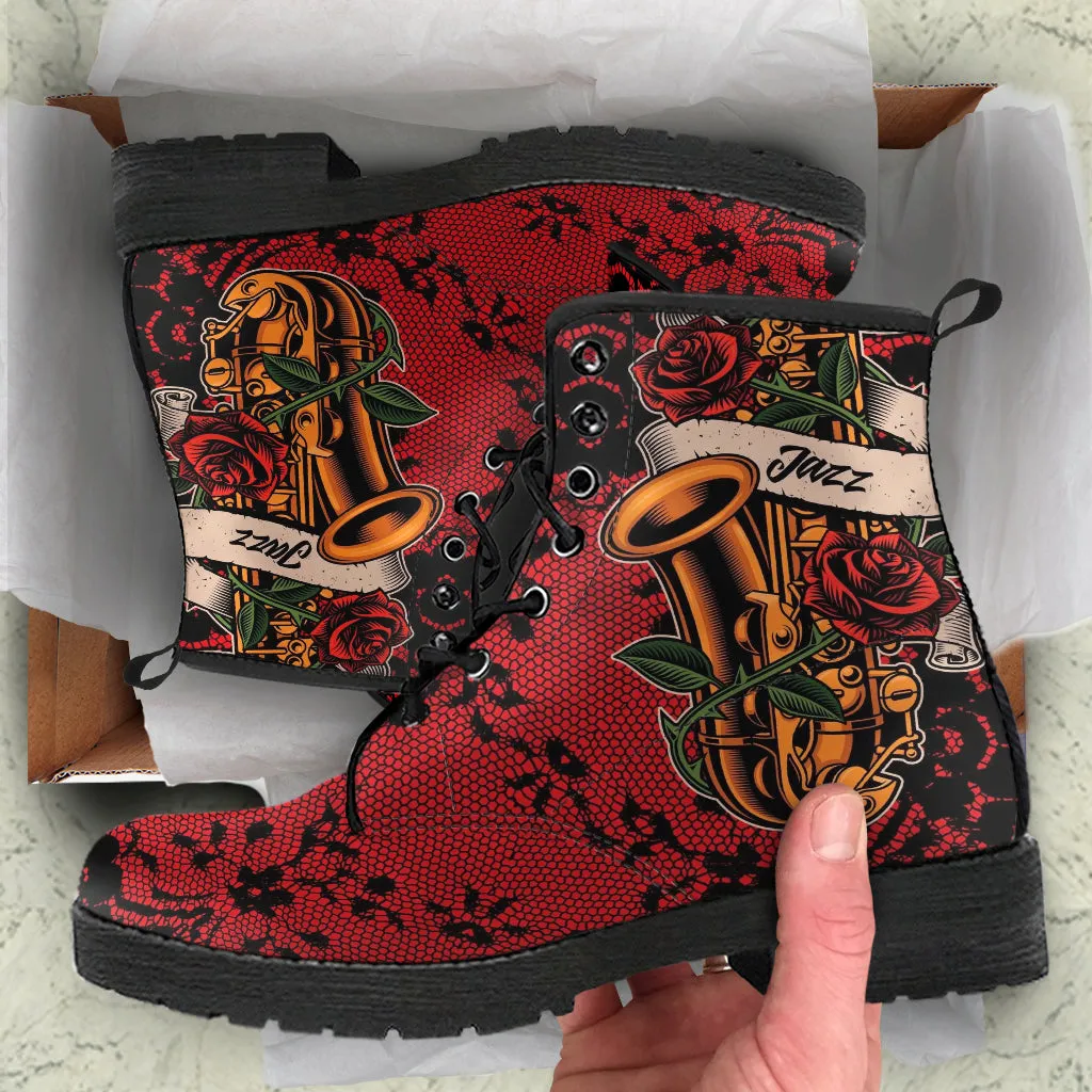 Combat Boots - Saxophone Art #12 Red | Player Mood Jazz Lovers, Custom Unisex Adult Shoes, Vegan Leather Handmade Lace Up, Music Gift