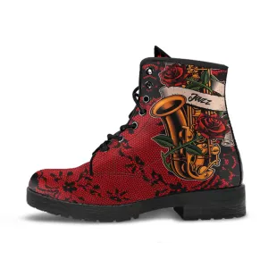 Combat Boots - Saxophone Art #12 Red | Player Mood Jazz Lovers, Custom Unisex Adult Shoes, Vegan Leather Handmade Lace Up, Music Gift