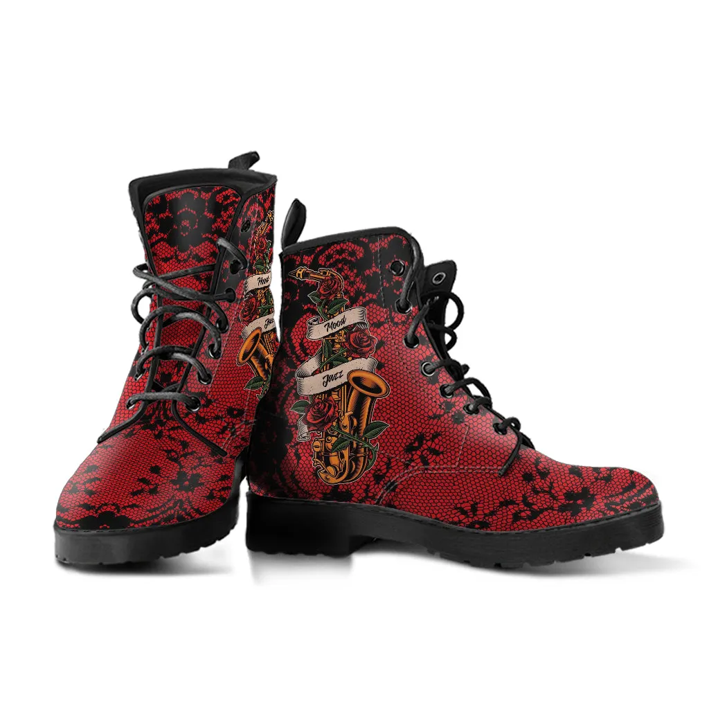 Combat Boots - Saxophone Art #12 Red | Player Mood Jazz Lovers, Custom Unisex Adult Shoes, Vegan Leather Handmade Lace Up, Music Gift