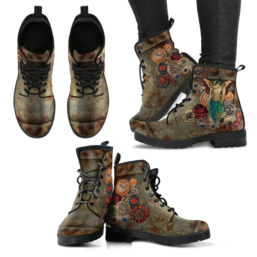 Combat Boots - Steampunk Inspired Design #113 Sci-fi Peacock Butterfly | Custom Shoes, Grunge Rustic, Victorian Steampunk Science Fiction