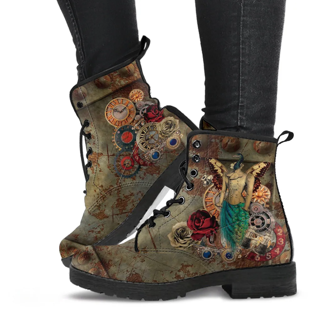 Combat Boots - Steampunk Inspired Design #113 Sci-fi Peacock Butterfly | Custom Shoes, Grunge Rustic, Victorian Steampunk Science Fiction