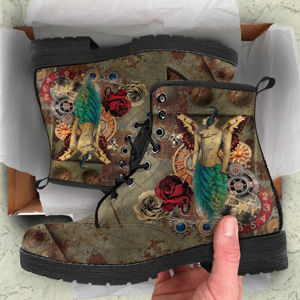 Combat Boots - Steampunk Inspired Design #113 Sci-fi Peacock Butterfly | Custom Shoes, Grunge Rustic, Victorian Steampunk Science Fiction