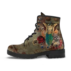 Combat Boots - Steampunk Inspired Design #113 Sci-fi Peacock Butterfly | Custom Shoes, Grunge Rustic, Victorian Steampunk Science Fiction
