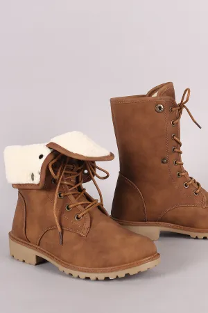 Faux Shearling Fold-Over Combat Lace-Up Boots