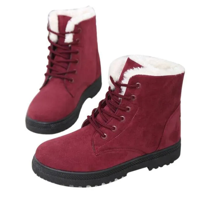 Fur lining lace-up snow boots suede non-slip winter boots for women warm short boots combat boots
