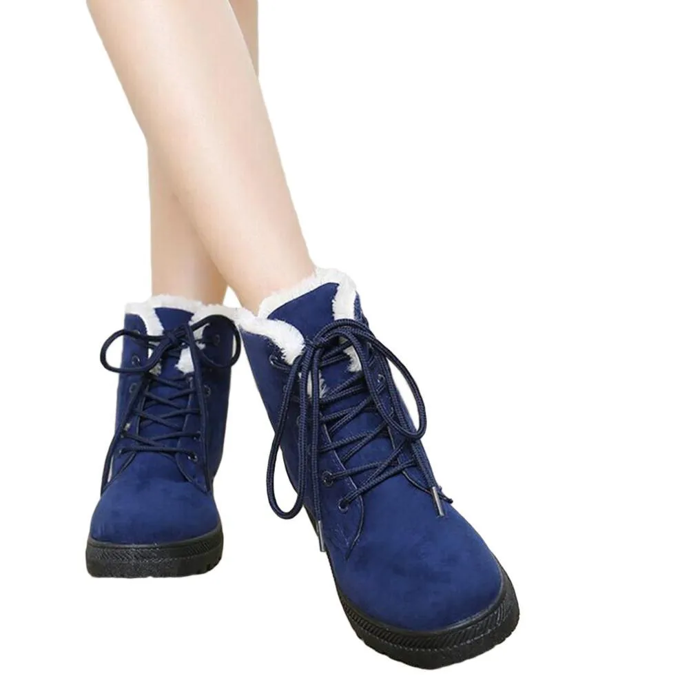Fur lining lace-up snow boots suede non-slip winter boots for women warm short boots combat boots