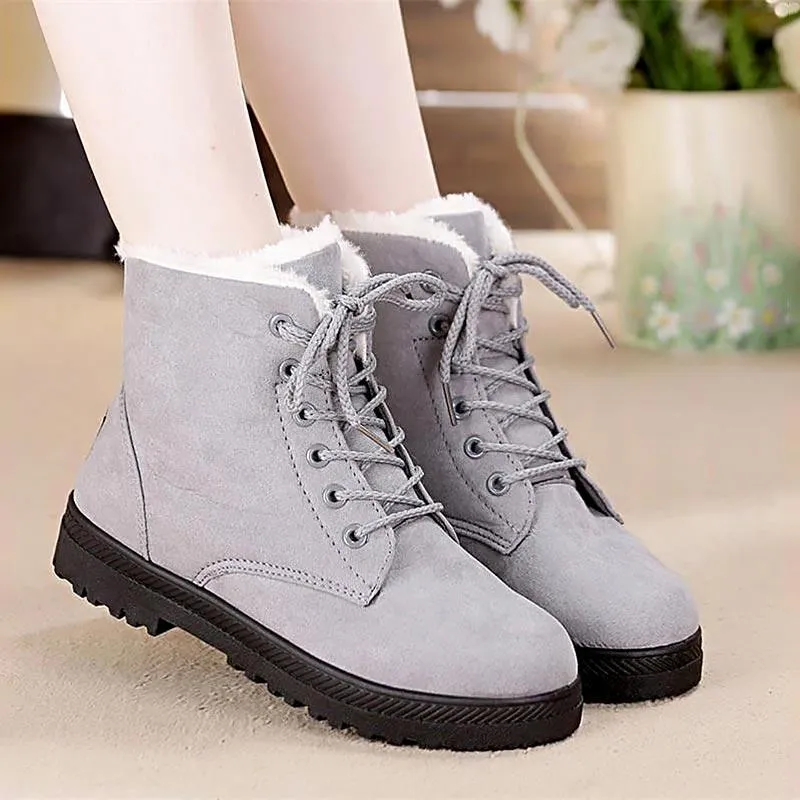 Fur lining lace-up snow boots suede non-slip winter boots for women warm short boots combat boots