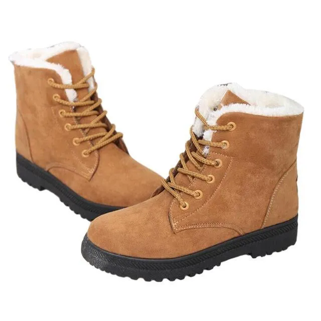 Fur lining lace-up snow boots suede non-slip winter boots for women warm short boots combat boots