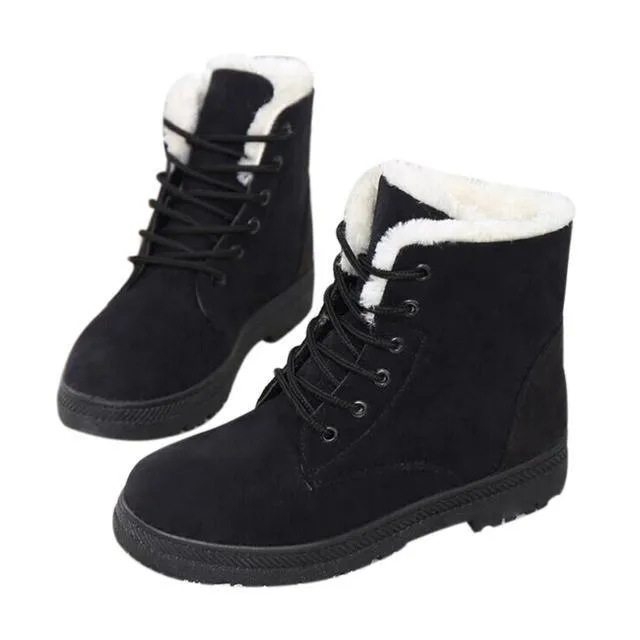 Fur lining lace-up snow boots suede non-slip winter boots for women warm short boots combat boots