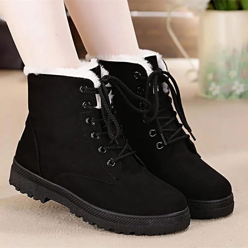 Fur lining lace-up snow boots suede non-slip winter boots for women warm short boots combat boots