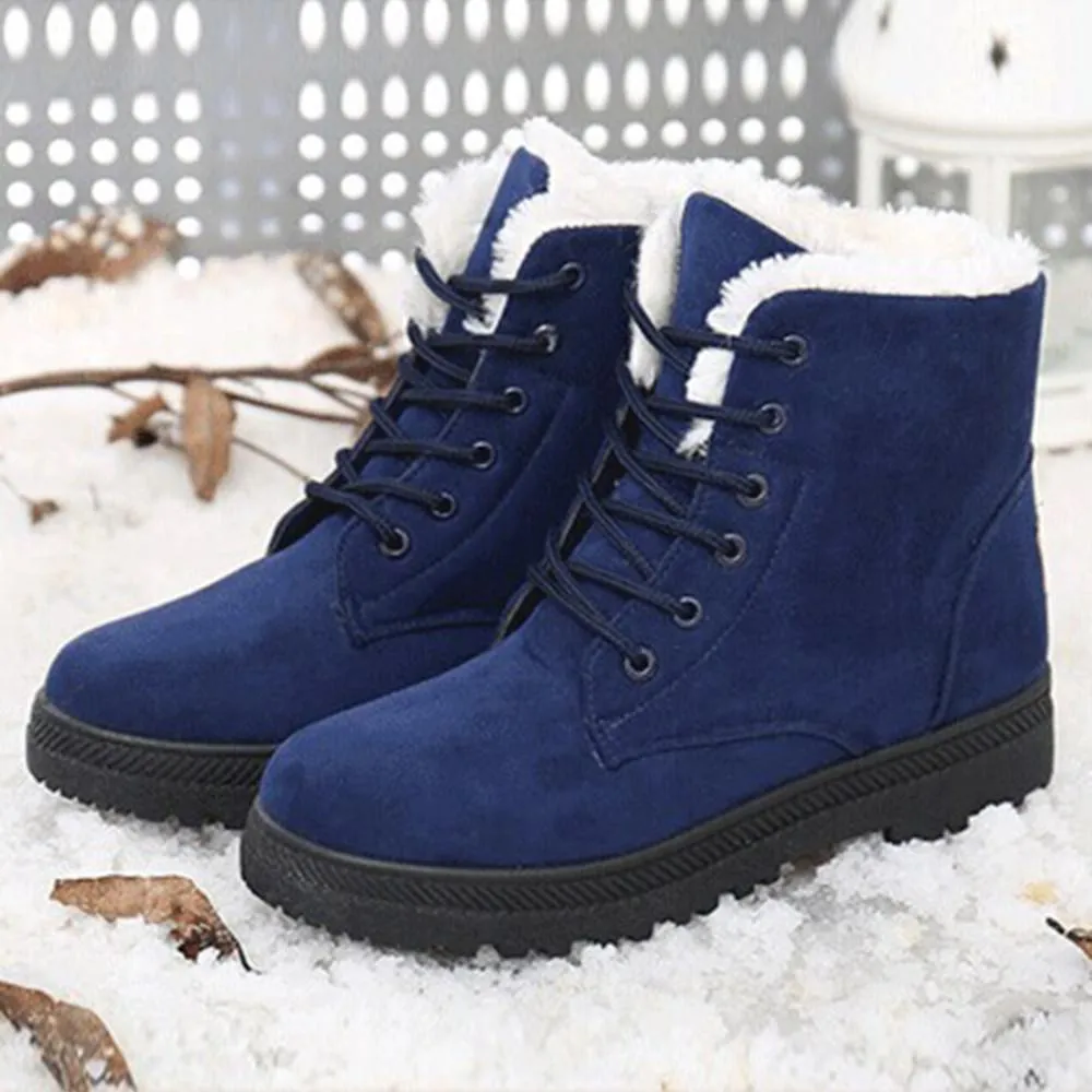 Fur lining lace-up snow boots suede non-slip winter boots for women warm short boots combat boots