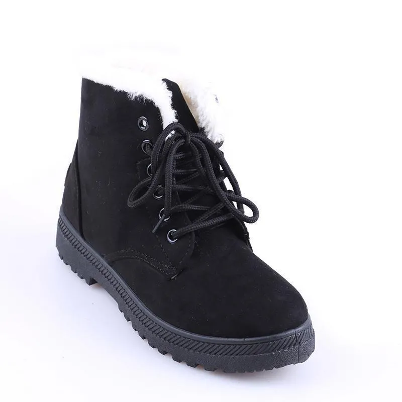 Fur lining lace-up snow boots suede non-slip winter boots for women warm short boots combat boots