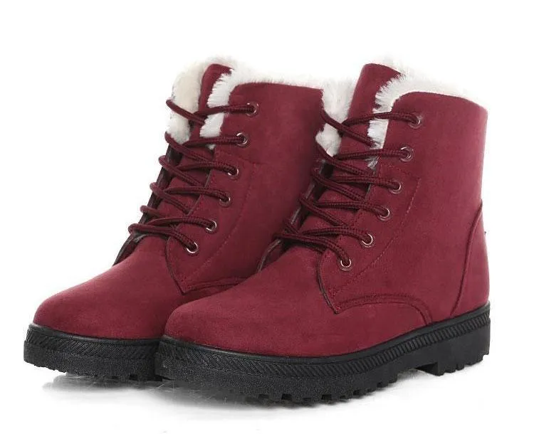 Fur lining lace-up snow boots suede non-slip winter boots for women warm short boots combat boots