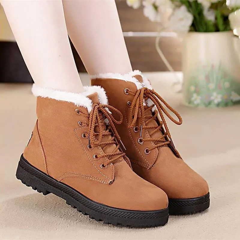 Fur lining lace-up snow boots suede non-slip winter boots for women warm short boots combat boots