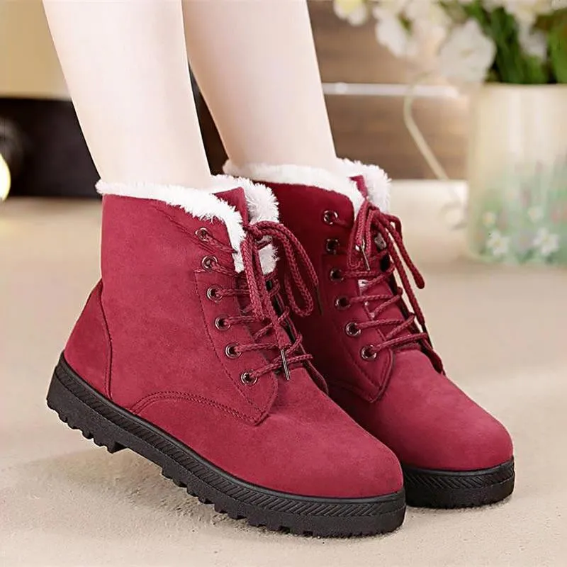 Fur lining lace-up snow boots suede non-slip winter boots for women warm short boots combat boots