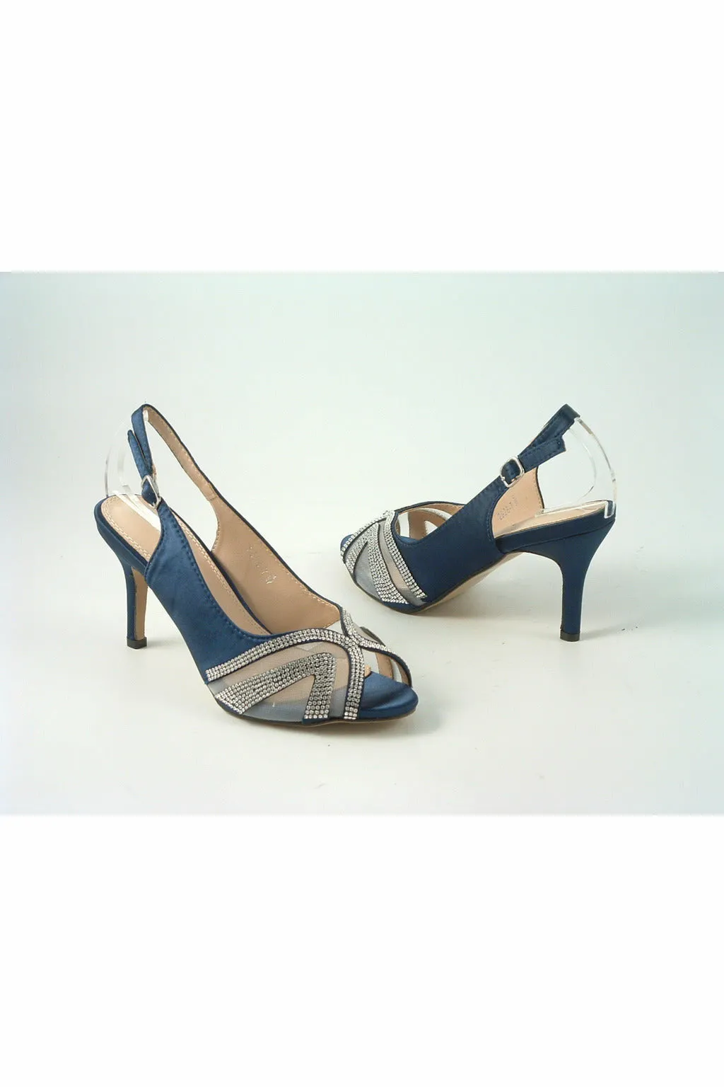 Glitz Shoes Sienna Navy Diamante Peep Toe Sling Back Mid Heel