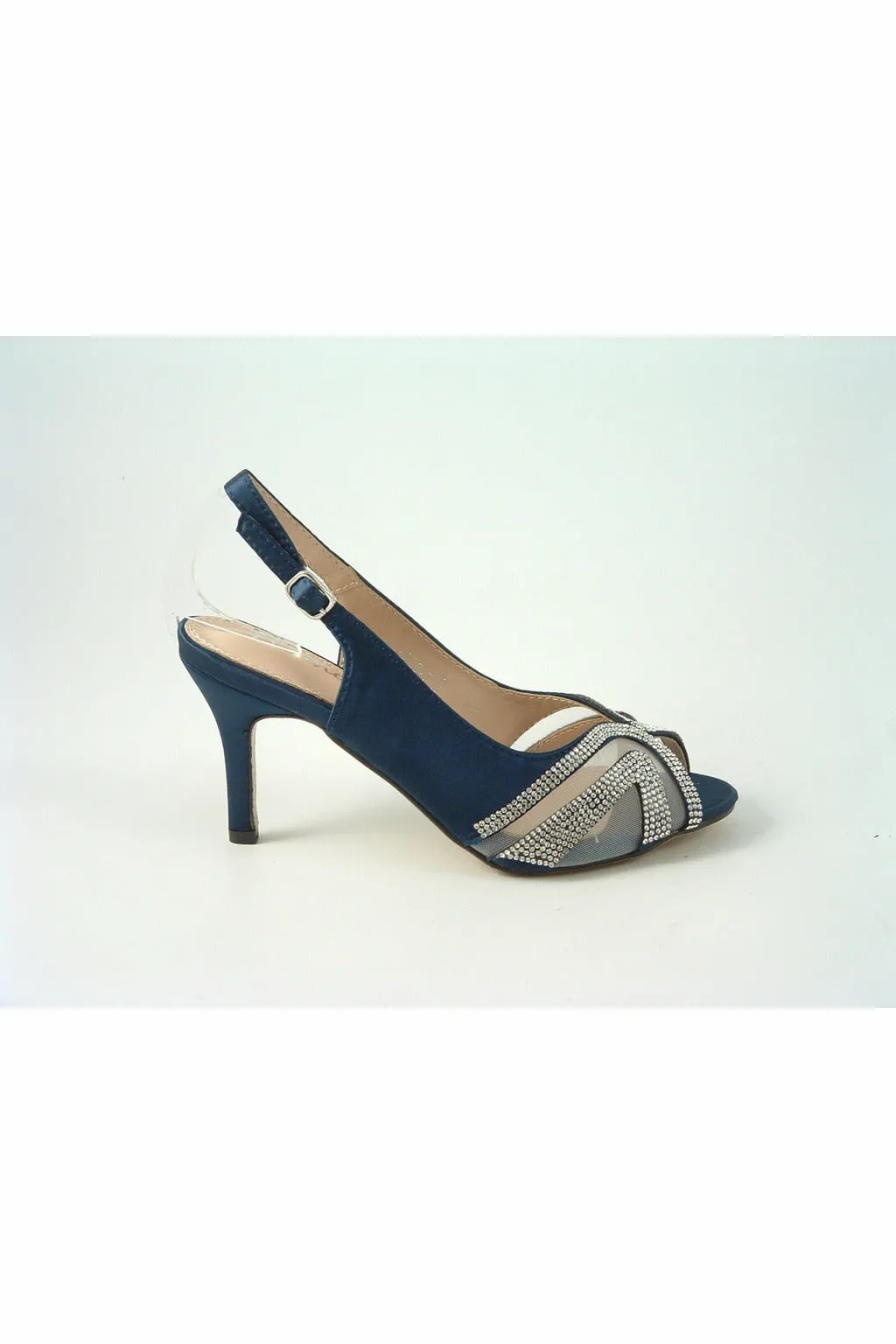 Glitz Shoes Sienna Navy Diamante Peep Toe Sling Back Mid Heel