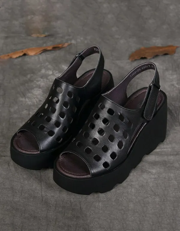 Handmade Fish Toe Hollow Wedge Sandals Slingback