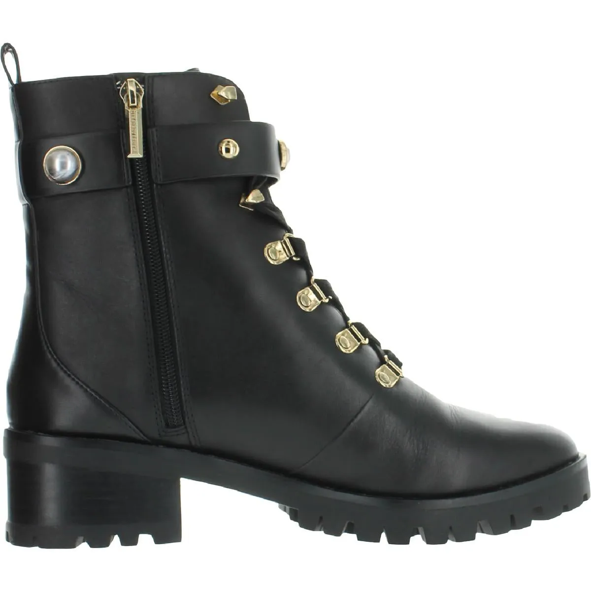 Karl Lagerfeld Paris Womens Perry Leather Embellished Combat & Lace-up Boots