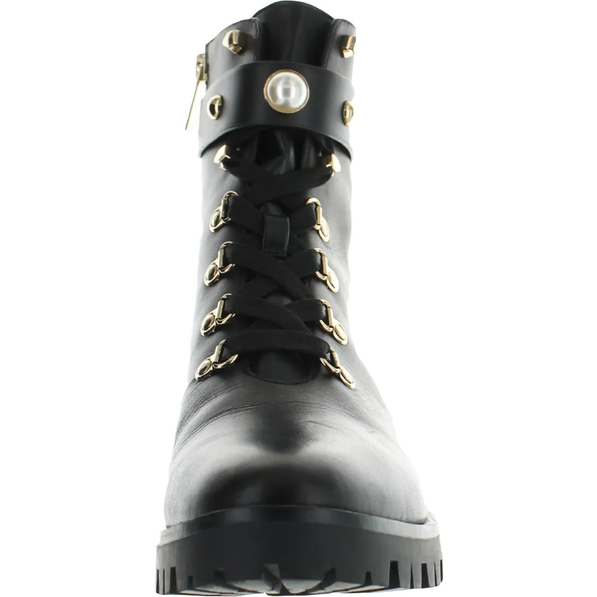Karl Lagerfeld Paris Womens Perry Leather Embellished Combat & Lace-up Boots