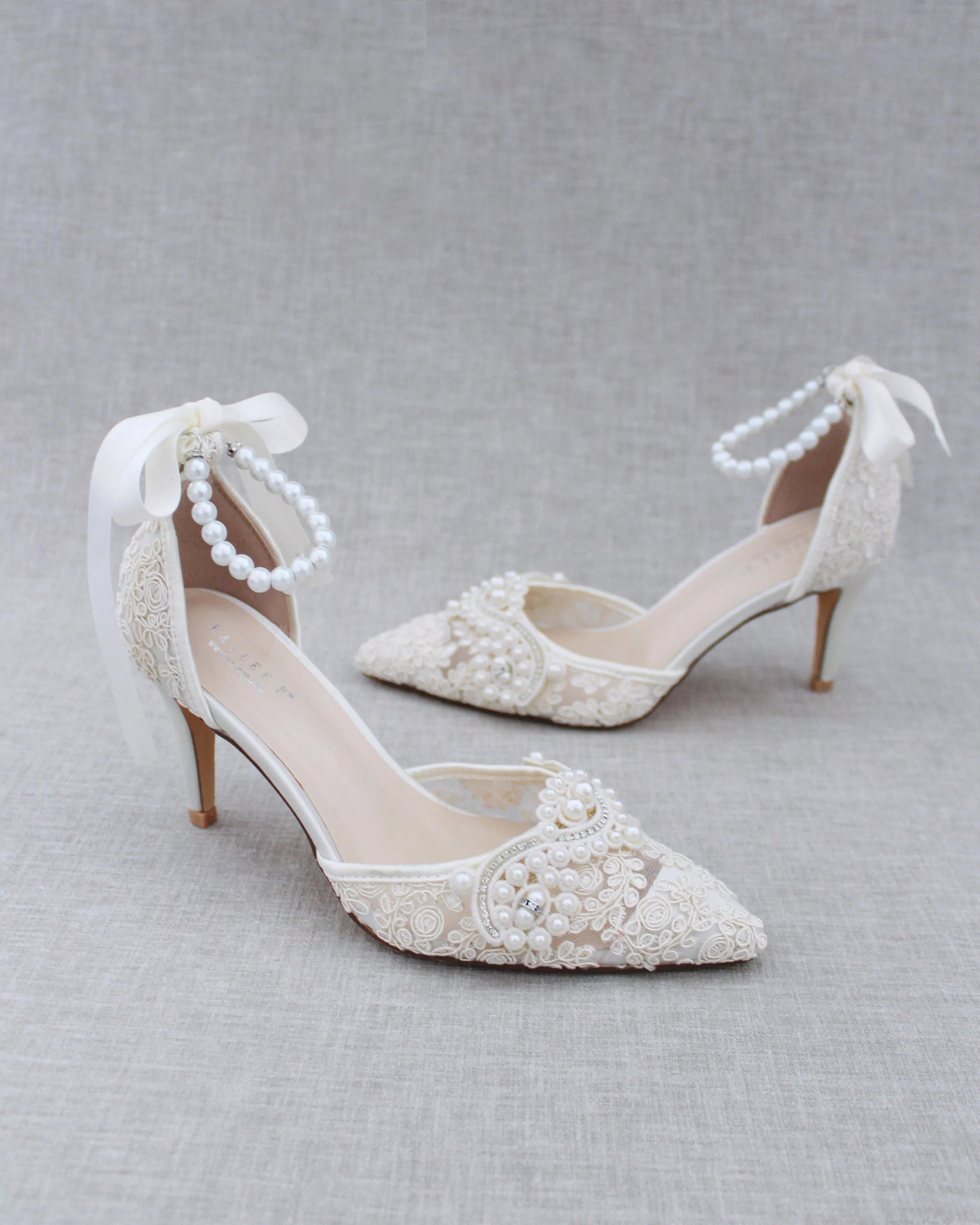 Lace Bridal Heels with Pearl Detail