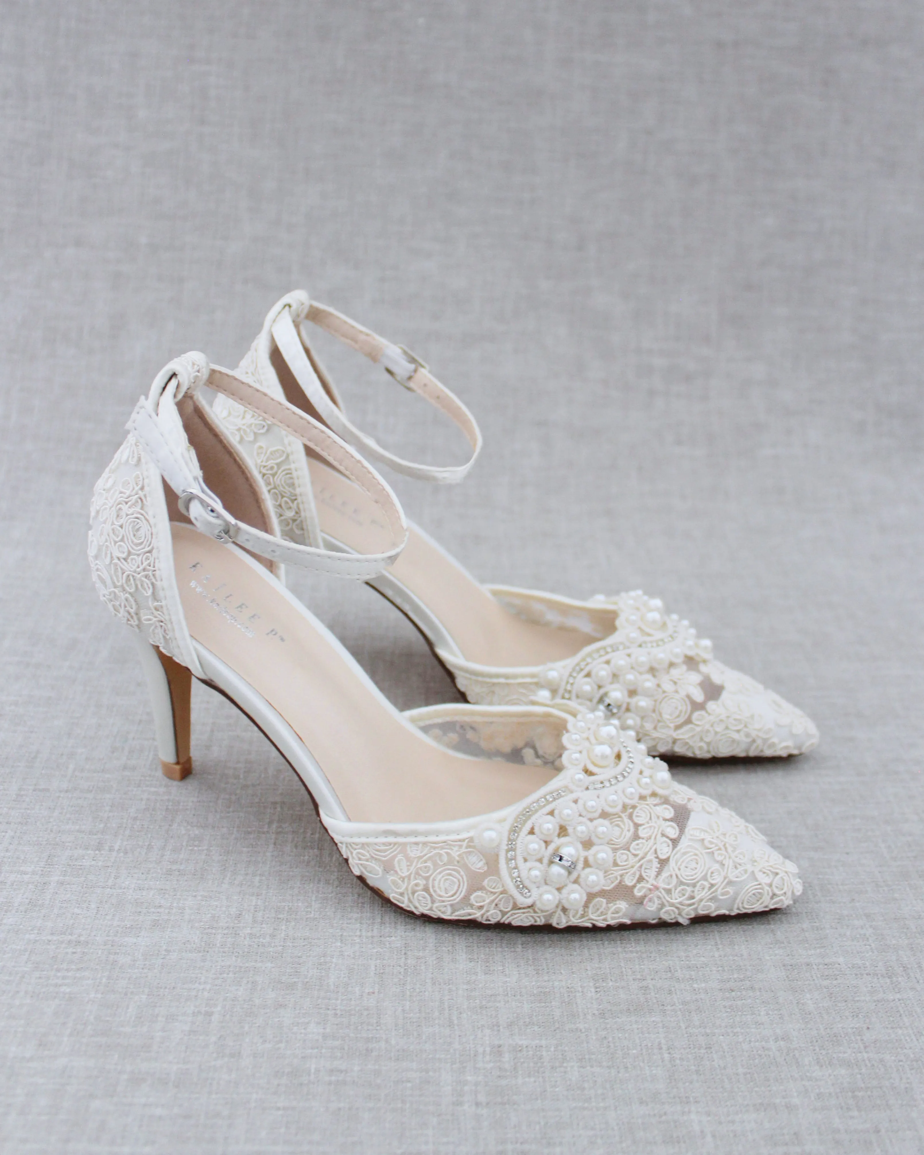 Lace Bridal Heels with Pearl Detail