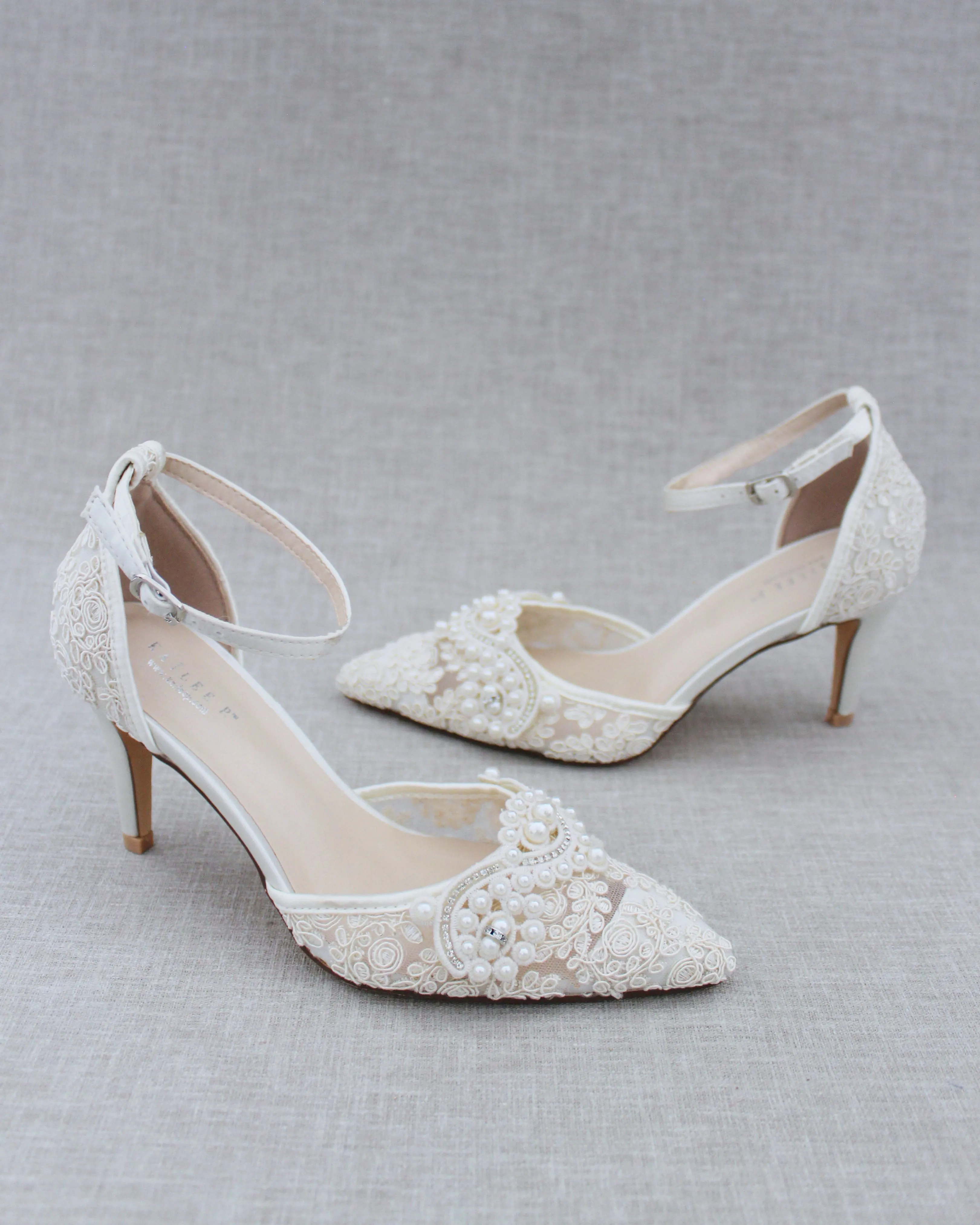 Lace Bridal Heels with Pearl Detail