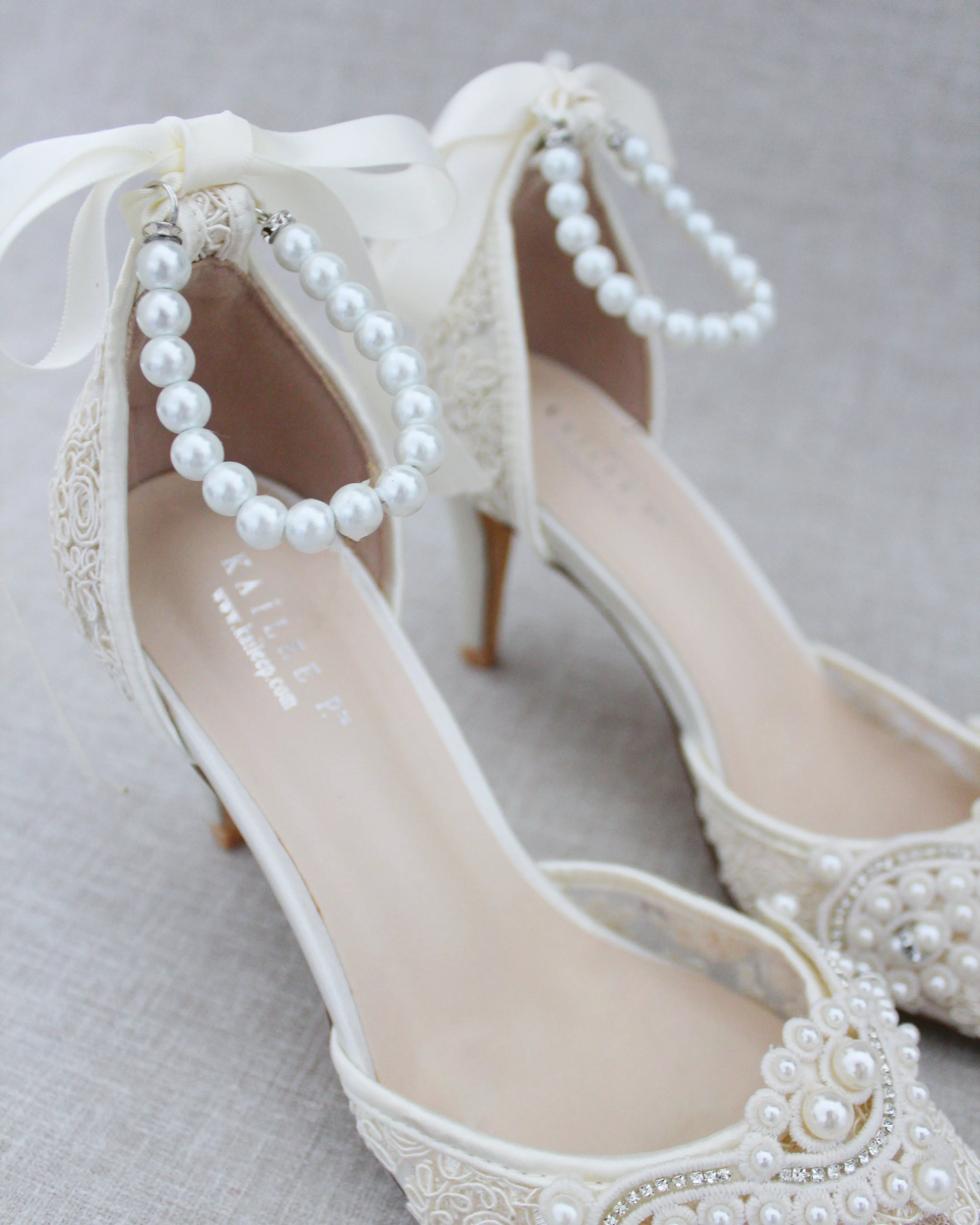 Lace Bridal Heels with Pearl Detail