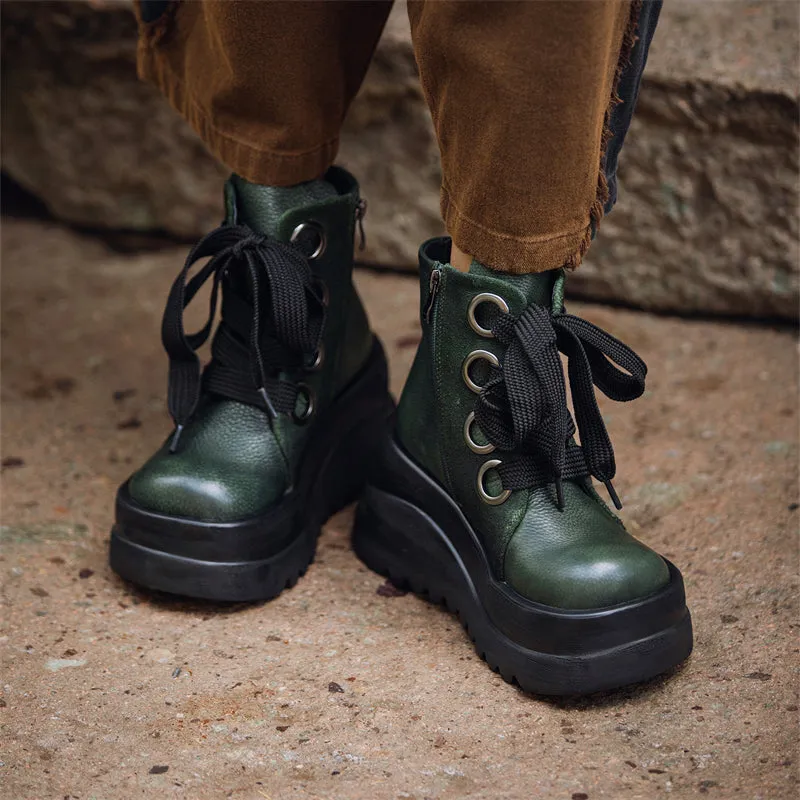 Lace up Martin Boots 90mm Platform Boots Handmade Combat Boots in Brown/Black/Green