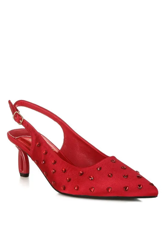 Loved Satin Studded Kitten Heel Slingback