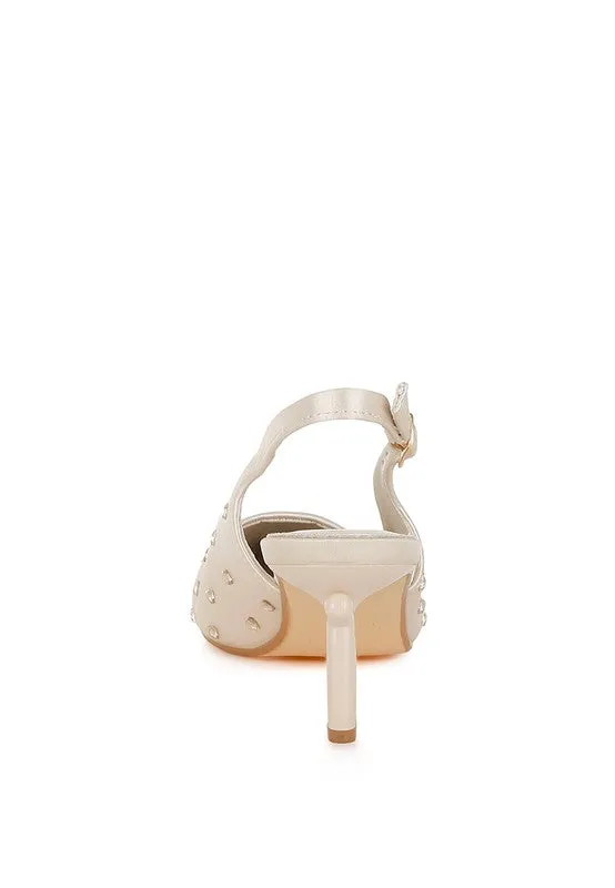 Loved Satin Studded Kitten Heel Slingback
