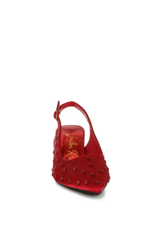 Loved Satin Studded Kitten Heel Slingback
