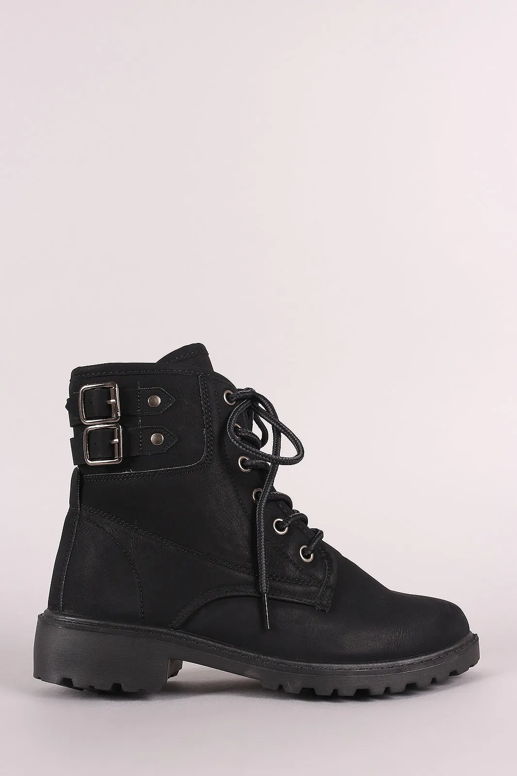 Nubuck Buckled Combat Lace Up Lug Sole Ankle Boots
