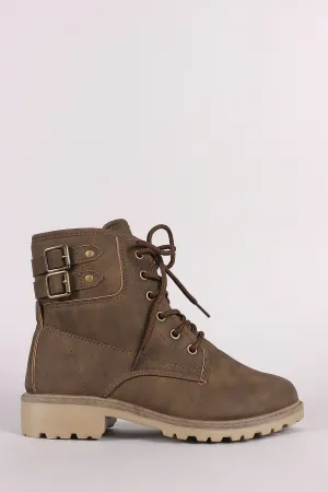 Nubuck Buckled Combat Lace Up Lug Sole Ankle Boots
