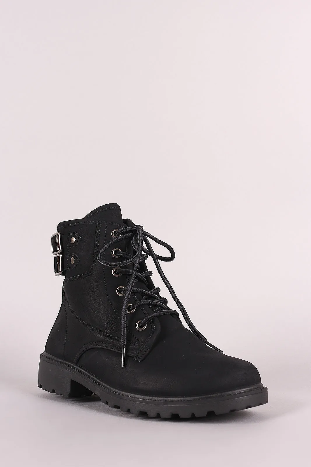 Nubuck Buckled Combat Lace Up Lug Sole Ankle Boots