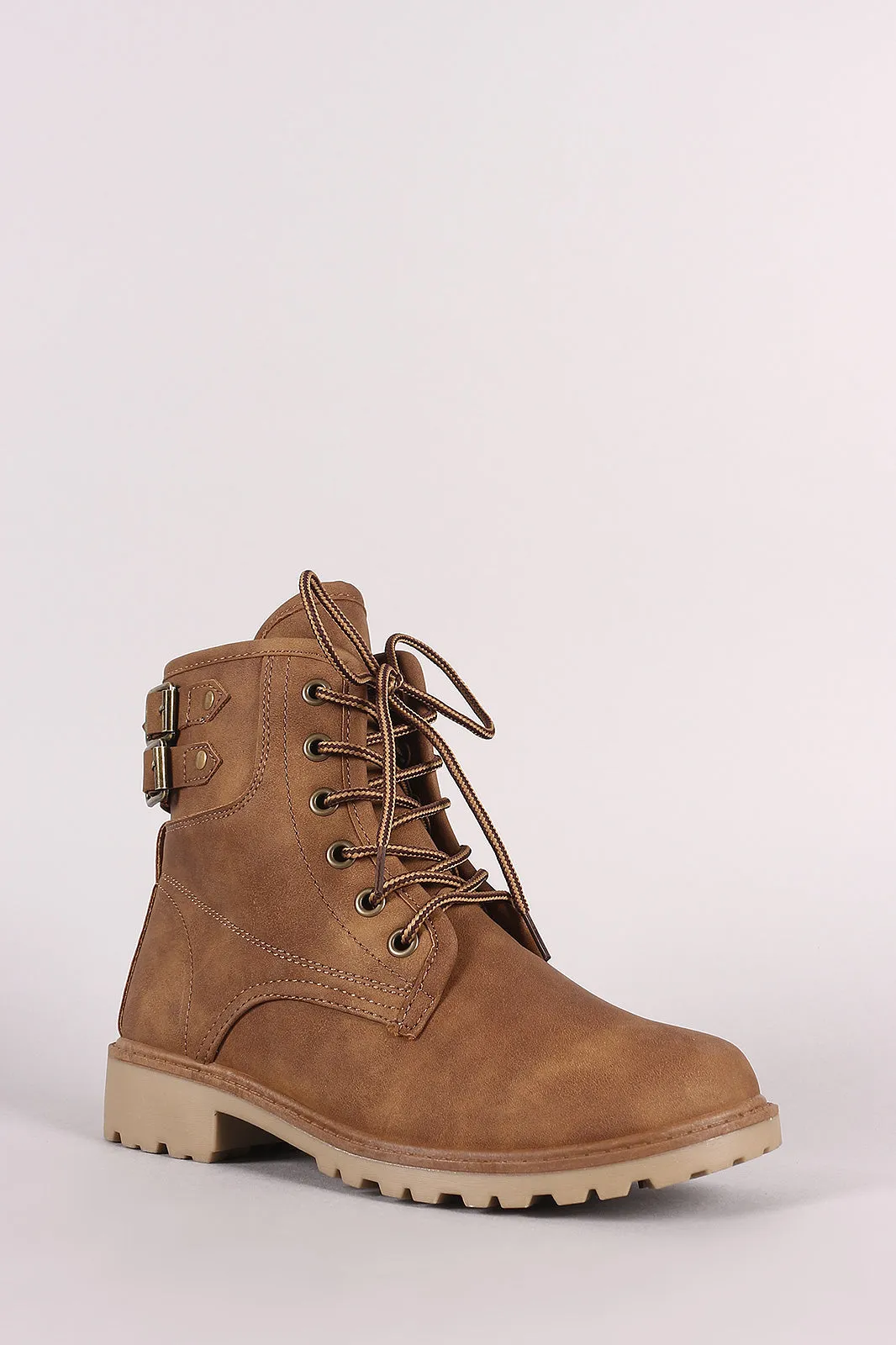 Nubuck Buckled Combat Lace Up Lug Sole Ankle Boots