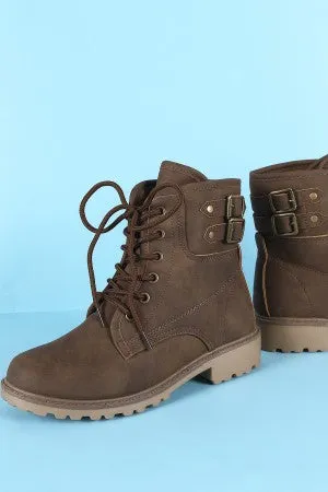 Nubuck Buckled Combat Lace Up Lug Sole Ankle Boots