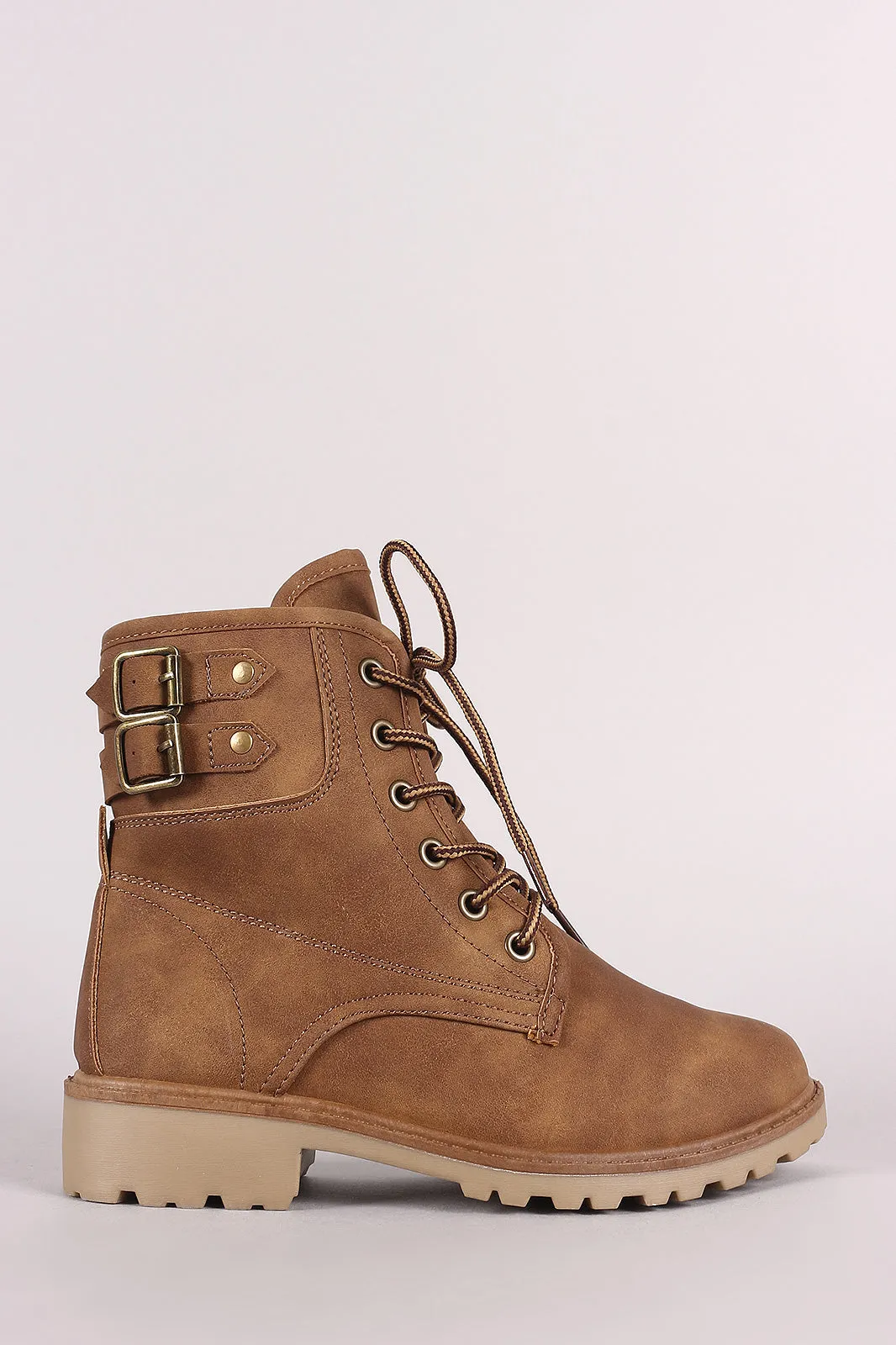 Nubuck Buckled Combat Lace Up Lug Sole Ankle Boots