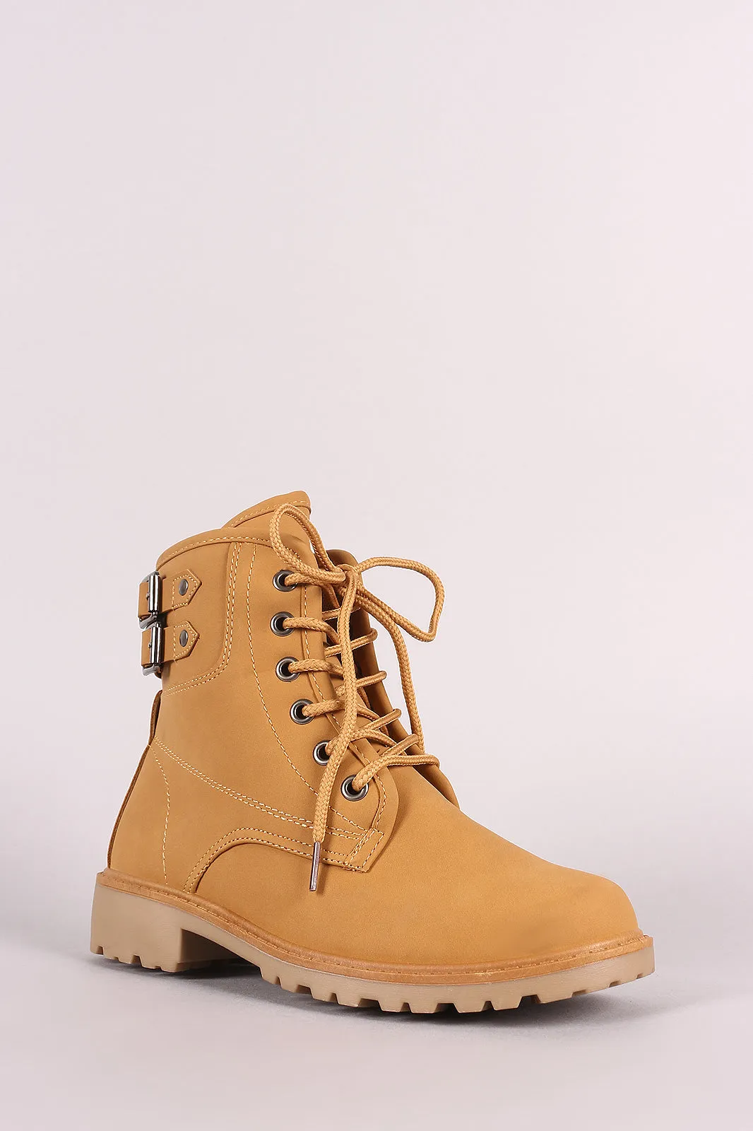 Nubuck Buckled Combat Lace Up Lug Sole Ankle Boots