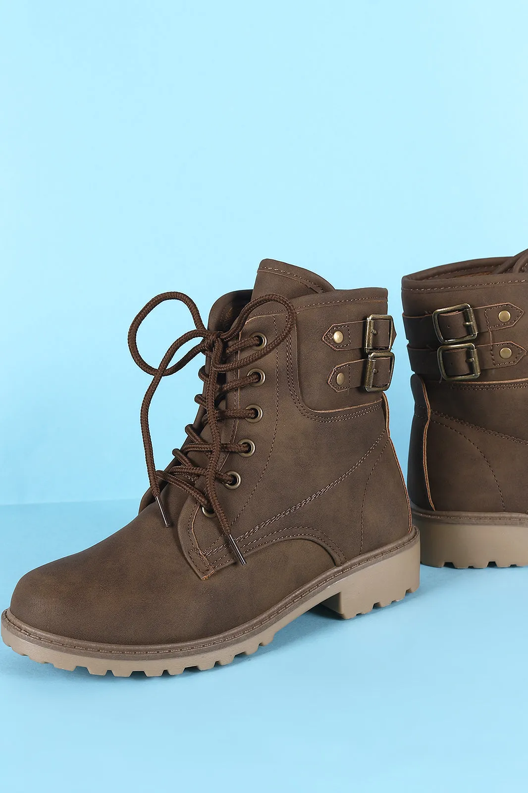 Nubuck Buckled Combat Lace Up Lug Sole Ankle Boots