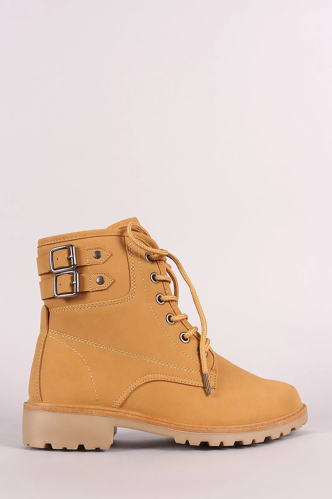 Nubuck Buckled Combat Lace Up Lug Sole Ankle Boots